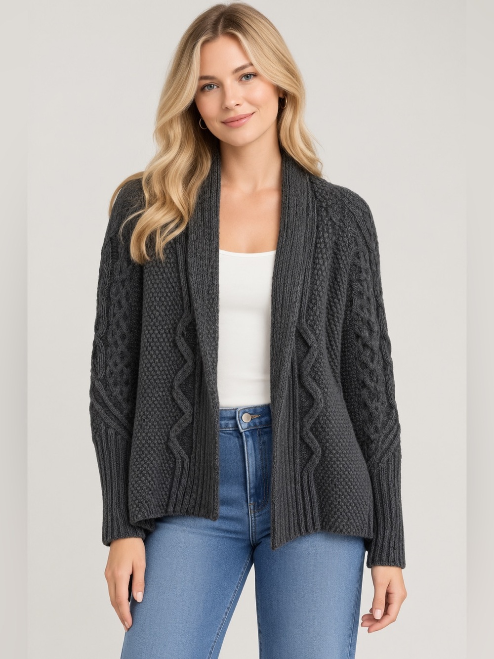 Inis Crafts 100% Merino Wool Cable Knit Sweater Cardigan - Charcoal Black Large
